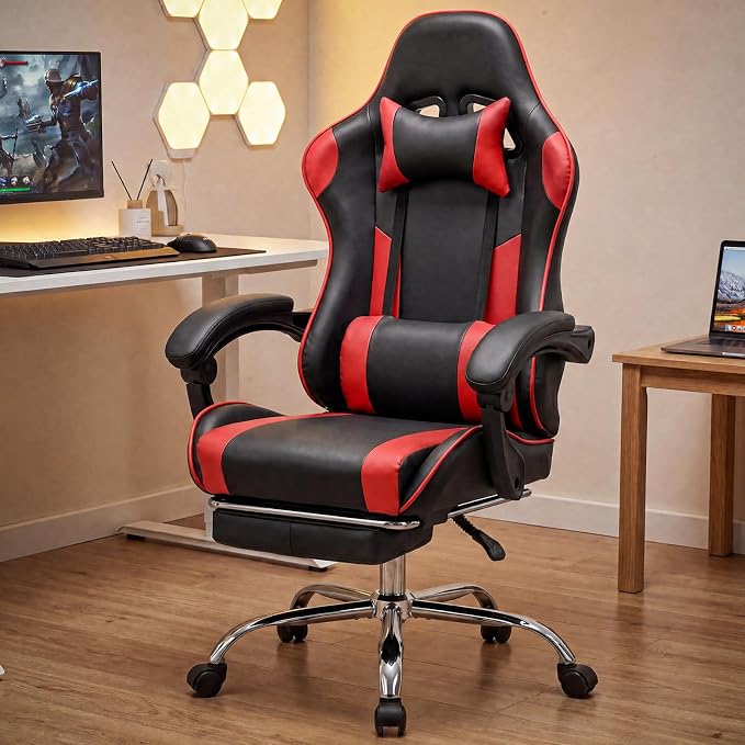 Sweetcrispy Computer Gaming Chair: Ergonomic High Back PU Leather Video Game Chair with Adjustable Headrest & Lumbar Support, Footrest, Racing for Office and Home, Red