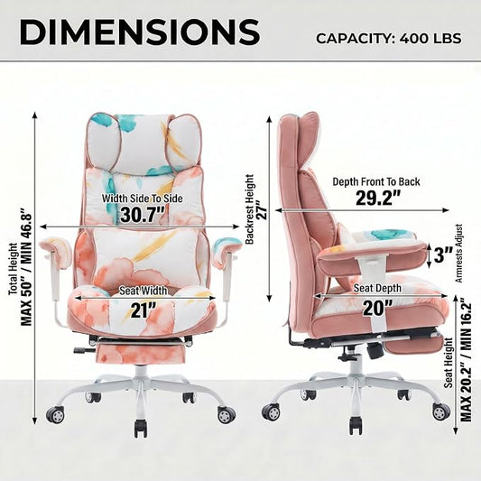 Efomao Watercolor Fabric Executive Office Chair Home Foot Rest, Pink | Soft Breathable Computer Desk Seat, Plush Comfy Cushion, Aesthetic Pastel Floral Patterns for Studio Vanity Cozy Setup