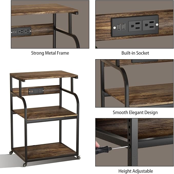 Large Printer Stand with 3-Tier Wood Storage Shelves with Power Outlet - Multi-Purpose Desk Organizer for Printer Scanner Fax Home Office Use with Wheels (Rustic Brown)