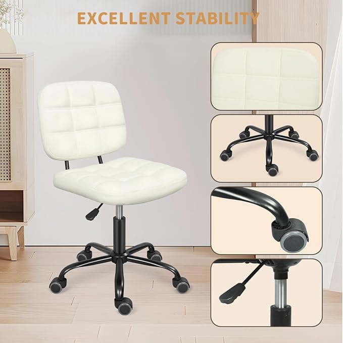 ERGOSEAT Armless Office Chair with Wheels, Small Desk Drafting Chair for Small Space, PU Leather Computer Task Chair, Height Adjustable Rolling Chair, Compact Chair for Home Office, Dorm, Vanity,White