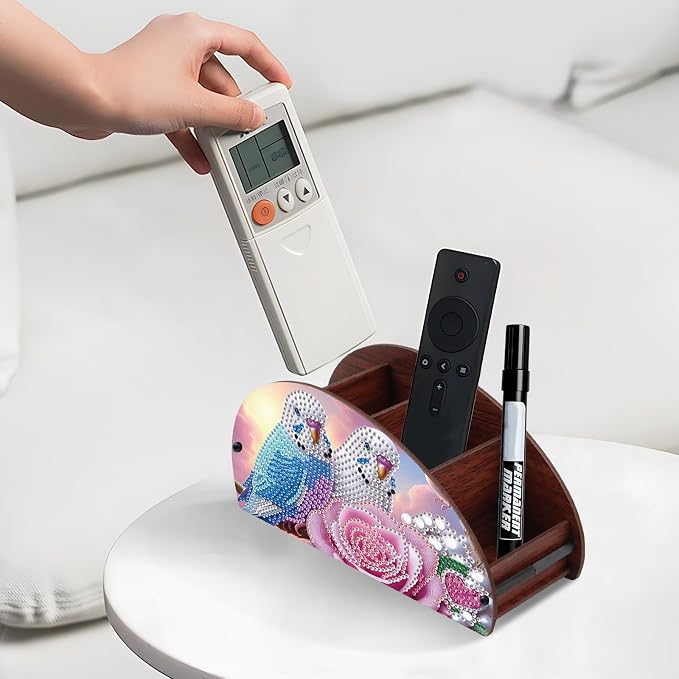 DIY Diamond Painting Tabletop Holder Lovebirds and Rose Design Handmade 5D Diamond Art Storage Box for TV AC Remotes Makeup Brushes Office Desktop Craft Valentine's Day Gift
