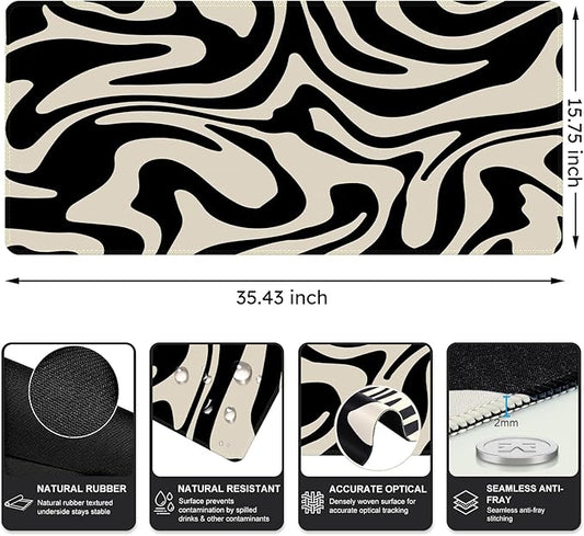 iCasso Desk Mat, XXL Large Gaming Mouse Pad, Anti-Slip Rubber Base Mousepad with Stitched Edges, Keyboard Mouse Mat Big Desk Pad for Work, Game, Office, Home, Zebra Black