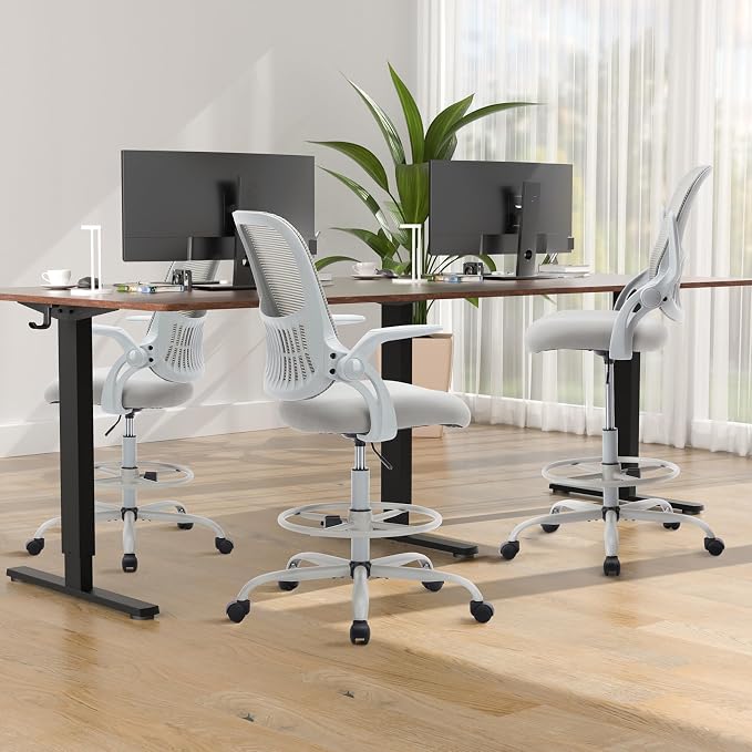 DUMOS Drafting Chair for Standing Desk, Flip-up Arms, Counter Height Adjustable, Ergonomic Mid Back Mesh Rolling Work 360ยฐSwivel Home Office Computer Chairs with Wheels, Grey