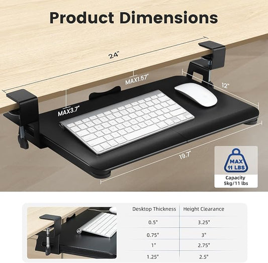 Keyboard Tray Under Desk, Slide Out Computer Keyboard & Mouse Tray with C Clamp-on Mount Easy to Install,24" W(Including Clamps) X 12"D Small Size,Black