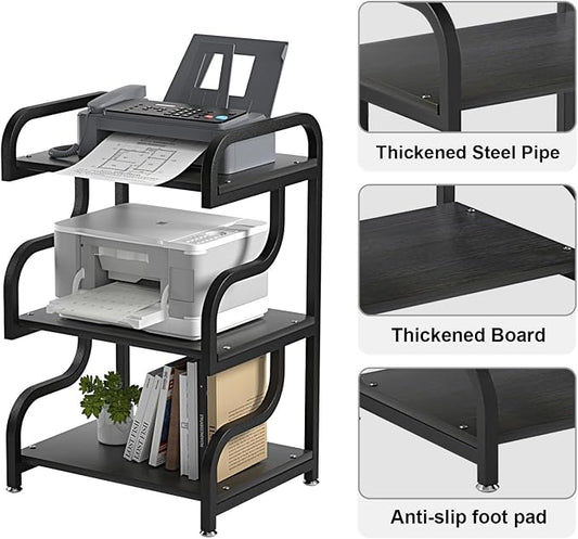 Printer Stand, 3-Tier Large Printer Stand with Durable Materials and Ample Storage Space, Printer Table for Home Office Organization, Black