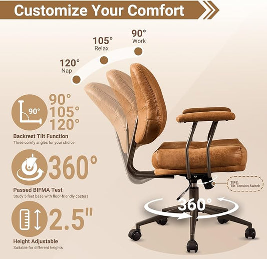 Ergonomic Home Office Chair, Mid-Century Faux Leather Home Office Desk Chairs with Wheels, Office Computer Chair with Rocking Swivel (Light Brown,Suede)