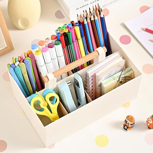 Buqoo Desk Organizer with 8 Compartments, Plastic Makeup Organizer with Wooden Handle, Pen Holder for Desktop Storage, Desk Organization for School, Home, Office Supplies (Coffee)