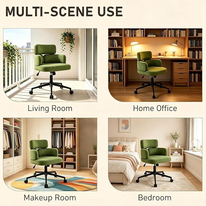 Home Office Chair with Unique Curved Back, Upholstered Wide Seat Desk Chair with Wheels,Swivel Tilt & Height Adjustable, Plush Velvet Fabric Matel Base for Office Study, Green