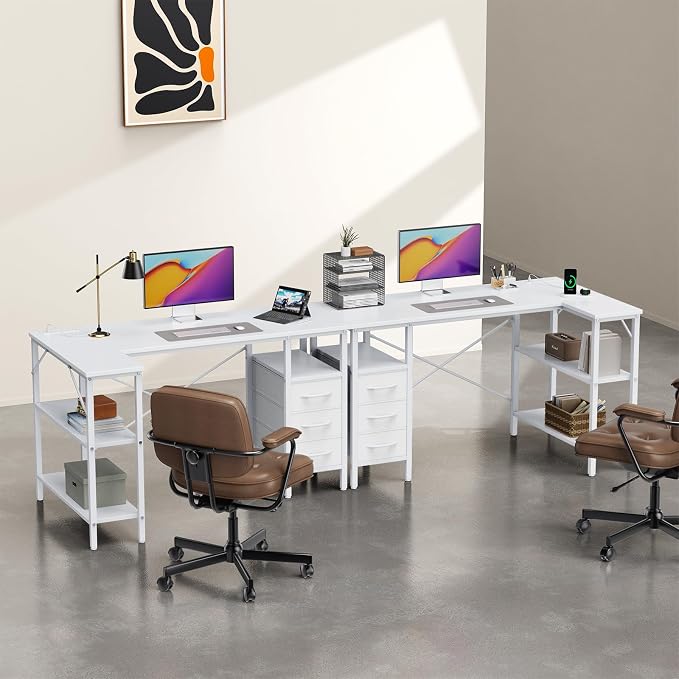 Simple Deluxe L Shaped Gaming Desk with Power Outlets, 47 Inch Computer Desk with 3 Drawers, Shelves, Corner Computer Desk for Gaming, Corner Work, Home Office, Study, White