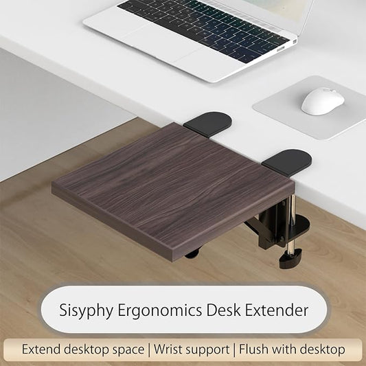 Sisyphy Ergonomics Desk Extender Tray, 9.5x9.1" Punch-Free Clamp on, Foldable Keyboard Drawer Tray, Table Mount Arm Wrist Rest Shelf, Computer Elbow Arm Support