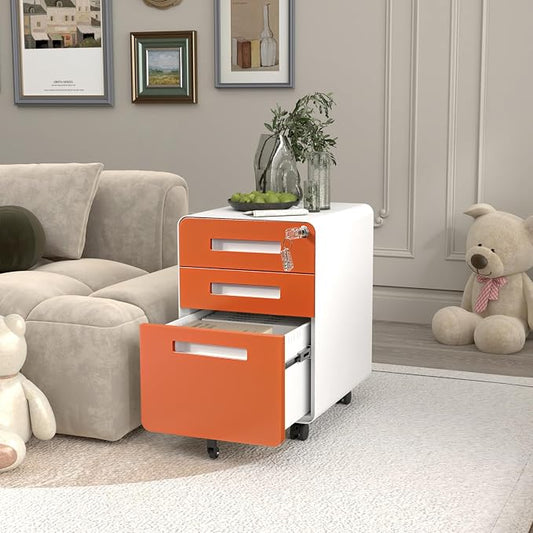 Garvee 3 Drawer File Cabinet with Lock, Under Desk Metal Mobile Filing Cabinet for Home Office, 5 Wheels Anti-Tipping Rolling File Cabinets for A4/Letter/Legal Size, Fully Assembled, Orange