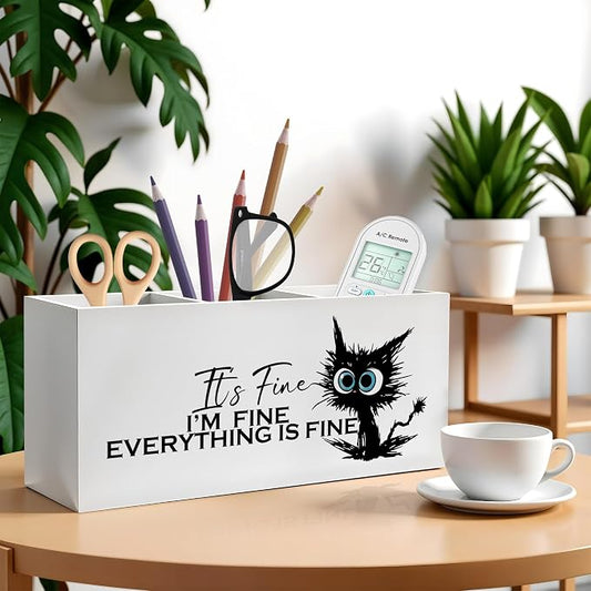 Funny Black Cat Pencil Pen Holder for Desk, I'm Fine Everything Is Fine Wooden Pencil Holder Organizer for Home Office Desk Accessories, Funny Office Gifts for Coworkers