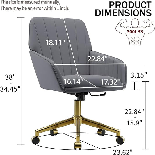 YISHENG Velvet Office Desk Chair with Gold Base, with Wheels,Modern Height Adjustable 360 Degree Swivel Upholstered Vanity Chairs with Arms for Living Room Bedroom,Gray