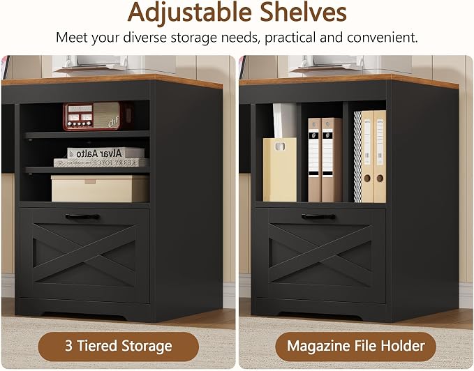 YOMILUVE Farmhouse 63" L Shaped Desk with Drawers and Storage Shelf, Home Office Desk with Power Outlets, Storage Cabinet, Corner Computer Desk with Long Monitor Stand, Brown and Black