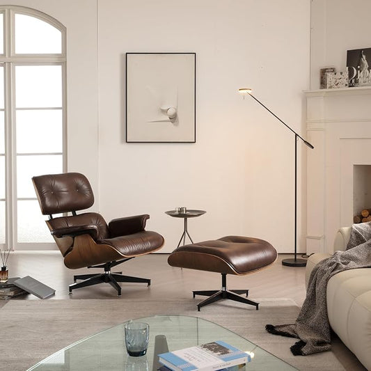 Mid Century Chaise Lounge Chair with Ottoman, Luxury Oil-Waxed Leather Reading Chair, Modern Chair Classic Design, Heavy Duty Base Support for Living Room Study Lounge Office Walnut Dark Brown