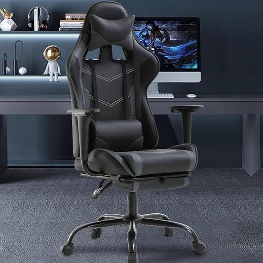 BestOffice | Ergonomic Gaming Chair | Grey | Reclining Computer Chair with Lumbar Support, Headrest Pillow, Adjustable Footrests | 360 Swivel with Heavy Duty Wheels | for Home & Office