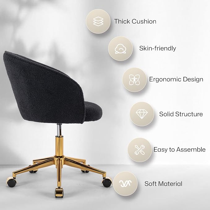 KCC Faux Fur Office Desk Chair, Comfy Fluffy Swivel Modern Leisure Armchair with Wheels, Upholstered Comfy Fuzzy Vanity Makeup Chair Height Adjustable for Teens Women Girls Elegant Home Office