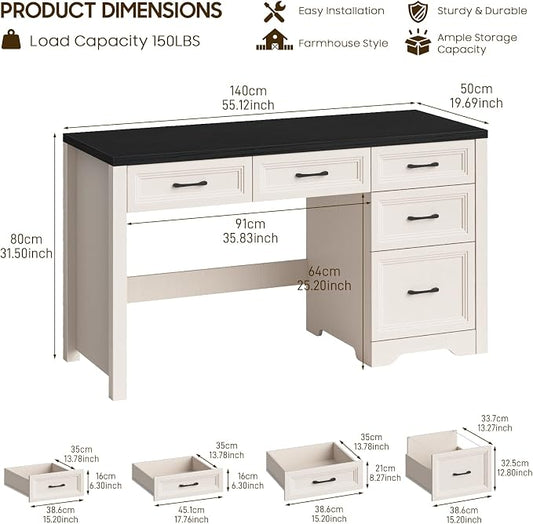 Vabches 55 Inch Farmhouse Desk with 5 Drawers, Large Home Office Computer Desk with Adjustable File Drawer, Executive Workstation with Storage for Study Writing Work, Black