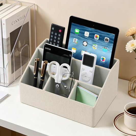 Desk Organizer Caddy with 5 Compartments for Office Art Supplies, PU Leather Nightstand Organizer Pencil Pen Desk Caddy for Home, Desktop TV Remote Control Holder Storage (Linen)