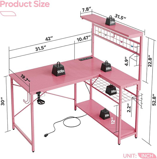 Bestier 42 L Gaming Desk,Computer Desk with Power Outlets, LED Lights, Reversible Corner Desk with 4-Tier Shelves,Cup Holder & Hook Carbon Fiber Pink