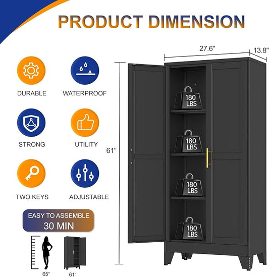 Metal Storage Cabinet with 2 Doors and 3 Adjustable Shelves - 61" Steel File Cabinet,Tool Cabinets for Office,Home,Garage,Gym,School,Bathroom,Kitchen(Black)
