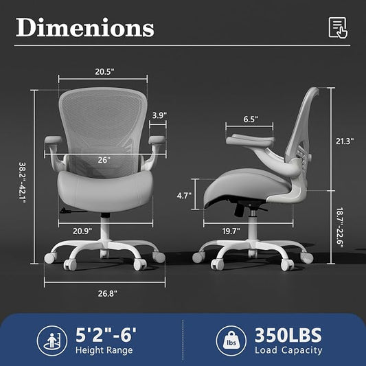GYI Ergonomic Office Chair with Memory Foam Cushion, Big and Tall Office Chair, 4.7" Thickened Seat Heavy Duty Desk Chair with Technical Mesh Back, 3D Flip-up Arms, Wheels for Heavy People, Grey