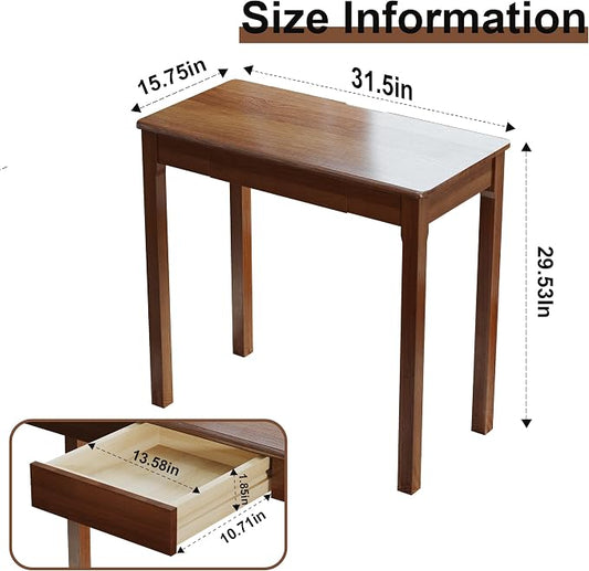 100% Solid Wood Desk with Drawers 32 x 16 Inch Mid Century Modern Narrow Desk Vintage Small Writing Wooden Desks for Small Spaces Bedroom, Living Room, Office