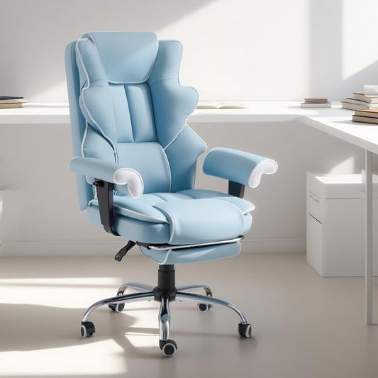 HOMREST 6-Point Massage Executive Chair,Heat Office Chair,Ergonomic Home Office Desk Chairs with Retractable Footrest and Reclining Function,Leather Computer Chair with Adjustable Armrest(Airy Blue)