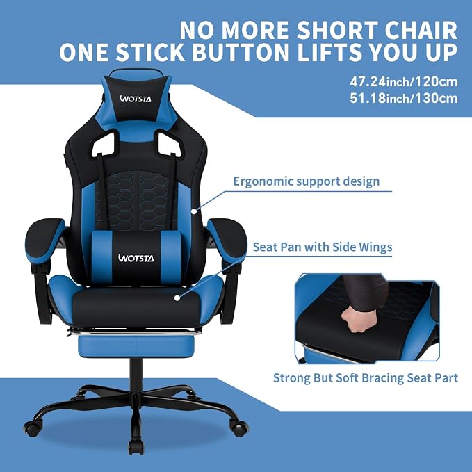 Gaming Chair with Footrest, Gaming Chairs PVC Leather Ergonomic Office Gamer Chair Headrest Lumbar Support Racing Style Video Gaming Chair for Office (Black Blue)