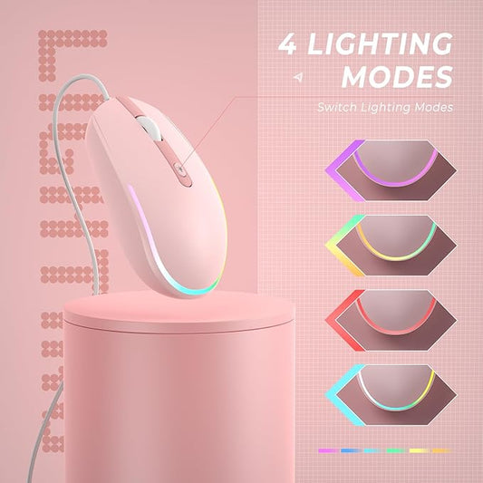 seenda Wired Mouse - USB Corded Mouse with Colorful RGB Backlit, Plug and Play, 1600 DPI Optical Tracking,Silent Computer Mouse for Laptop, PC, Chromebook, Desktop, Office, School, Home, Pink