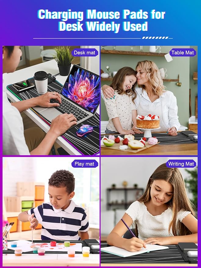 XXL Mouse Pad with Phone Holder - Black, RGB Desk Mat with 15W Fast Charging, LED Gaming Mousepad with 11 Light Colors, Waterproof Non-Slip Pad for Office & Home (Wave)