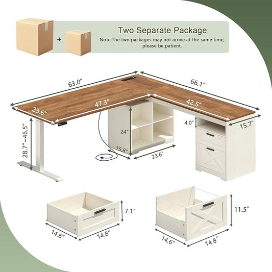 YOMILUVE Farmhouse L Shaped Standing Desk, 66 inch Corner Electric Standing Desk with Drawers & Storage Shelves, Height Adjustable Computer Desk with Power Outlets for Home Office (Antique White)
