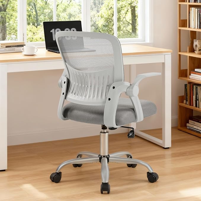 DUMOS Home Office Computer Chair - Ergonomic Mid Back Desk with Lumbar Support and Rocking Mode, Height Adjustable with Flip-up Armrest, for Conference Meeting Room, 360° Swivel, Adults, Grey