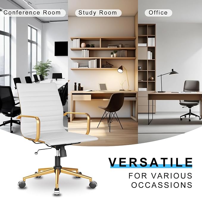 Ergonomic Office Chair White and Gold Leather Desk Chair for Home Office, Mid Century Comfy Executive Computer Chair Adjustable Swivel(1pcs)