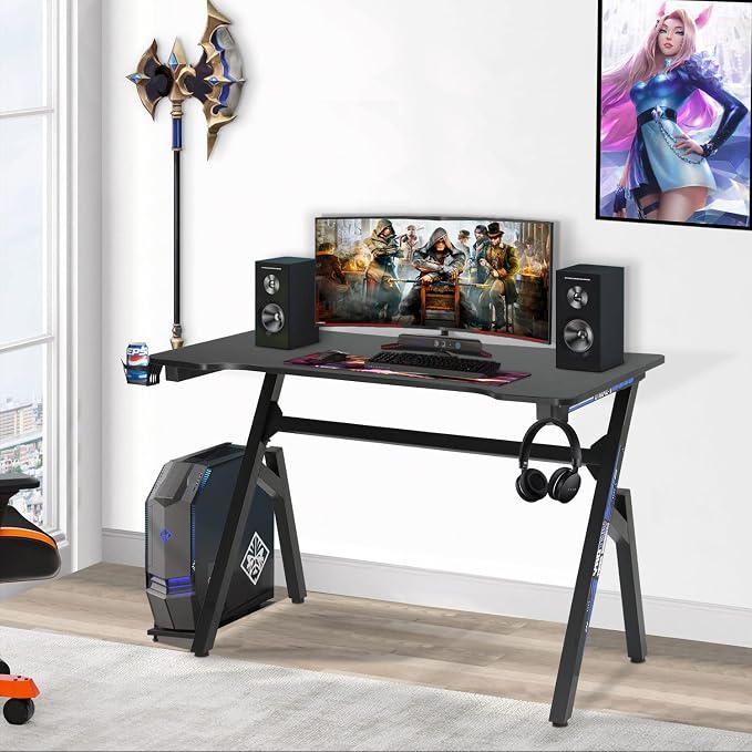 FDW Computer Desk Gaming Desk Student PC Desk Writing Desk Office Desk Modern Ergonomic Racing Style Table Workstation Carbon Fiber Headphone Hook (47in, Blue)