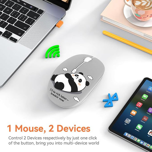 FMOUSE Cute Wireless Mouse, Bluetooth 2.4GHz Dual Mode with USB Receiver, Silent Click, AA Battery Powered, for Work Office Students, Compatible with Laptop Mac iPad PC (Slack Off Panda)