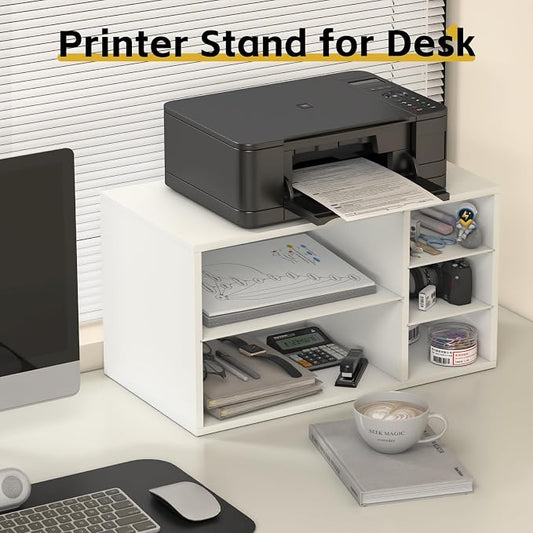 MARTY Printer Stand with Storage for Desk Large Desktop Printer Stand Desk Organizer with Paper Storage Holder File Organizer Wooden Printer Shelf Riser for Home/Office, White