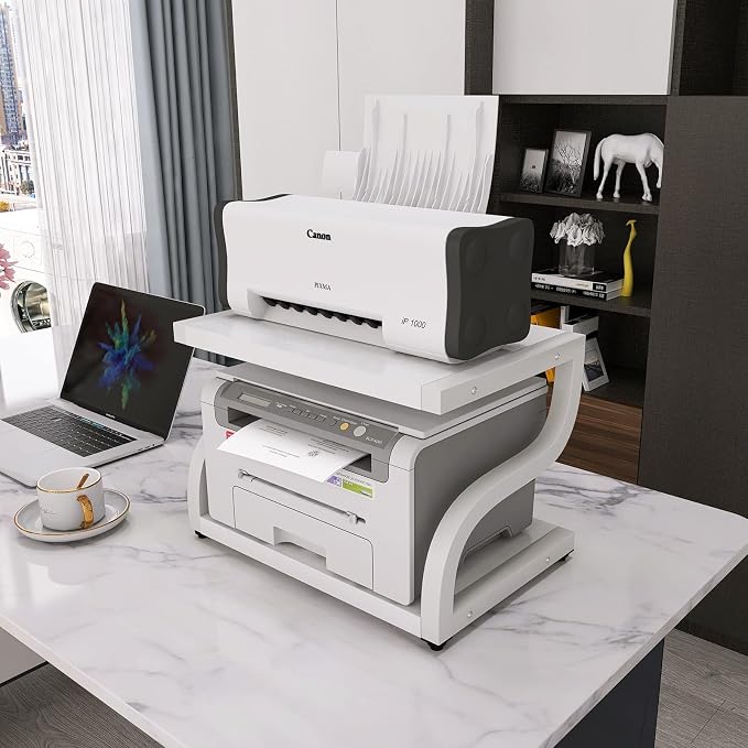 PUNCIA 2 Tier Wood Printer Stand with Storage Heavy Duty Desktop Shelf | White Modern Minimalist Style Fits Laser Printers Copiers Fax Machines, Organizer for Home Office Dorm Small Spaces