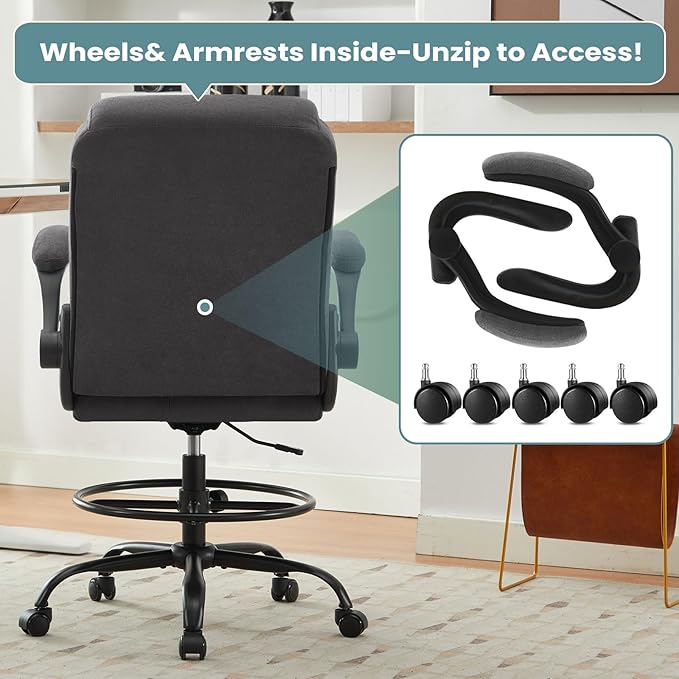 Drafting Chair Tall Office Chair for Standing Desk, Ergonomic Tall Desk Chair with Adjustable Height and Foot Ring, Flip-Up Armrests, Lumbar Support, Breathable Fabric Seat for Home Office and Studio