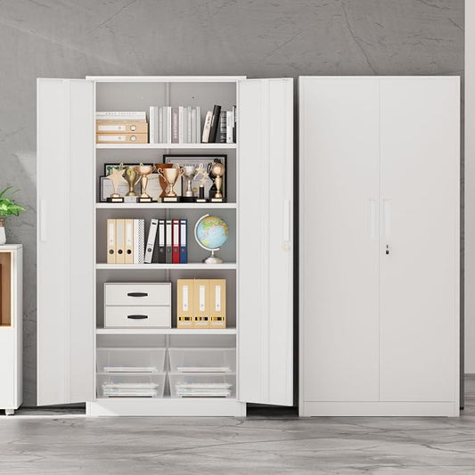 INTERGREAT Metal Storage Cabinet with Lock, 72" Office Storage Cabinet with Locking Doors and 4 Adjustable Shelves, White Lockable Steel Cabinet for Home Office, School
