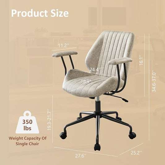 Mid Back Home Office Chair, Mid Century Modern Executive Chair, Comfy Ergonomic Rolling Office Desk Chair with Lumbar Support, Faux Leather Office Chair, Beige