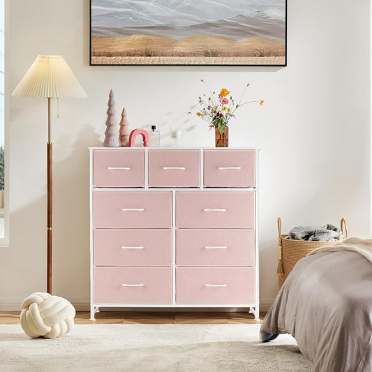 DUMOS Dresser for Bedroom, Storage Organizer with 9 Drawers, Chest of Drawers with Fabric Bins, Sturdy Metal Frame, Wood Tabletop for Guest Room, Closet, Entryway, Pink