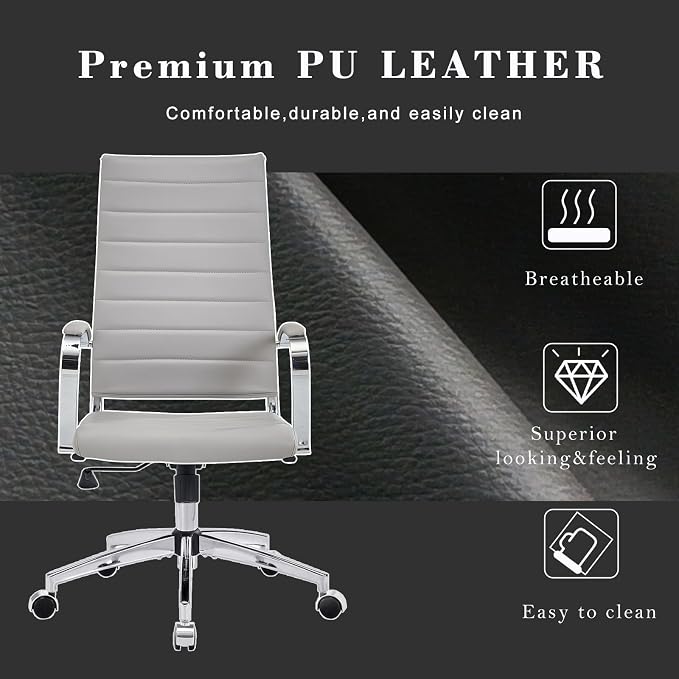 Office Chair, Ergonomic Executive Desk Chair, High Back, Leather Swivel, Lumbar Support, Grey