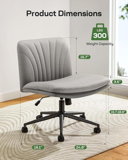 Marsail Armless-Office Desk Chair with Wheels: PU Leather Cross Legged Wide Chair,Comfortable Adjustable Swivel Computer Task Chairs for Home,Office,Make Up,Small Space,Bed Room, Grey