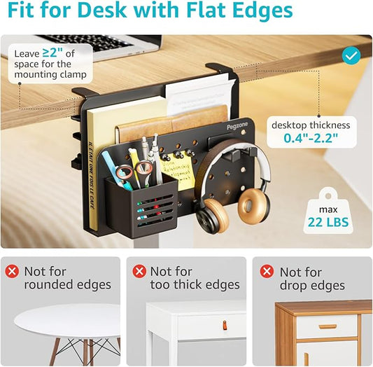 PEGZONE Desk Side Storage Organizer, No Drill Under Desk Laptop Holder, Clamp on Desks Shelf with Pegboard Accessories, Hanging Laptop Mount, Fits Flat Edge 0.4" to 2.2", Black