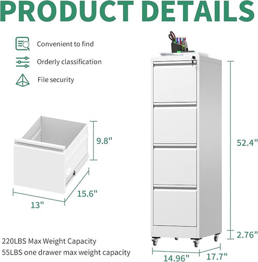 4 Drawer Mobile File Cabinet, Under Desk File Cabinet,Metal Filing Cabinets with Lock for Home Office Organizer Letter/Legal/A4,Require Assembly (White)