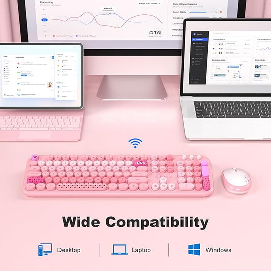 Dilter Wireless Keyboard and Mouse, Typewriter Full Size Keyboard with Number Pad and 2 in 1 USB Connected Mouse for Windows 7/8/10, Laptop, Desktop, PC, Computer (Pink Colorful)