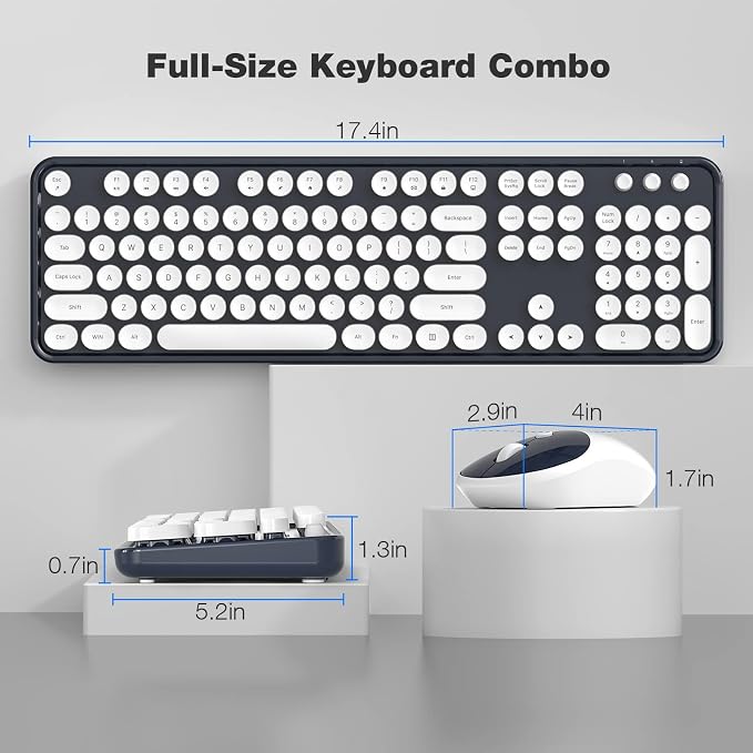 Atelus Wireless Keyboard and Mouse, Typewriter Full Size Keyboard with Number Pad and 2 in 1 USB Connected Mouse for Windows 7/8/10, Laptop, Desktop, PC, Computer (Dark-Blue)