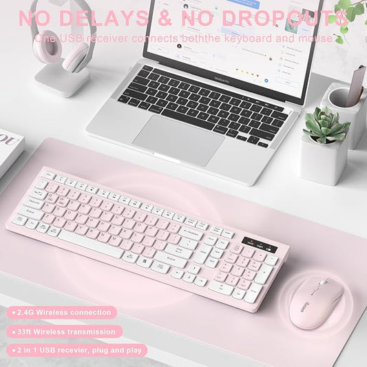 Wireless Keyboard and Mouse Combo, Reccazr 2.4G Full-Sized Keyboard and Mouse Cordless, 3 DPI Adjustable Mouse, Dual-System Keyboard for Computer/Laptop/Windows/Mac (Pink & White)