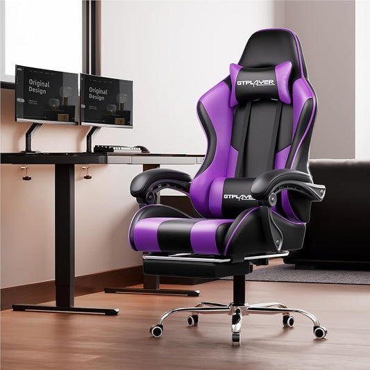 GTPLAYER Gaming Chair, Computer Chair with Footrest and Lumbar Support, Height Adjustable Game Chair with 360°-Swivel Seat and Headrest and for Office or Gaming (Faux Leather, Purple)